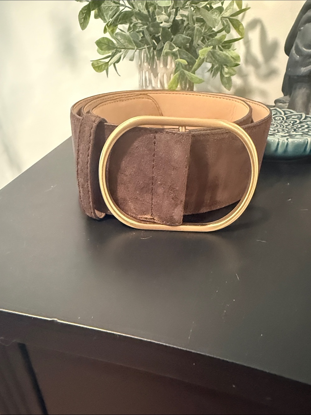 Faux Suede Waist Belt with Gold Oval Buckle - Brown
